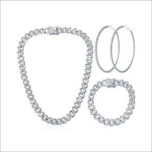3-Piece Cuban Link Jewelry Set with Rhinestones, Necklace Bracelet Earrings